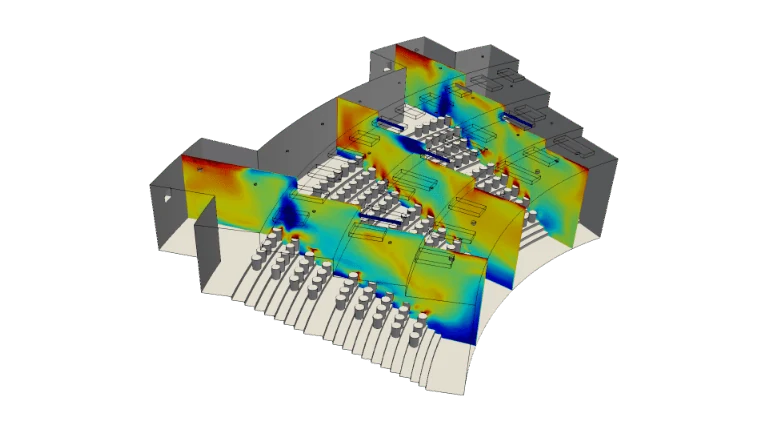 airflow analysis to investigate thermal comfort, side view of air temperature inside the auditorium