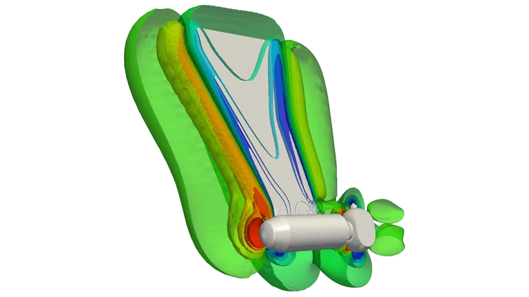 contours of iso-pressure surfaces with turbine leg in the operation position, CFD analysis of a floating tidal stream turbine
