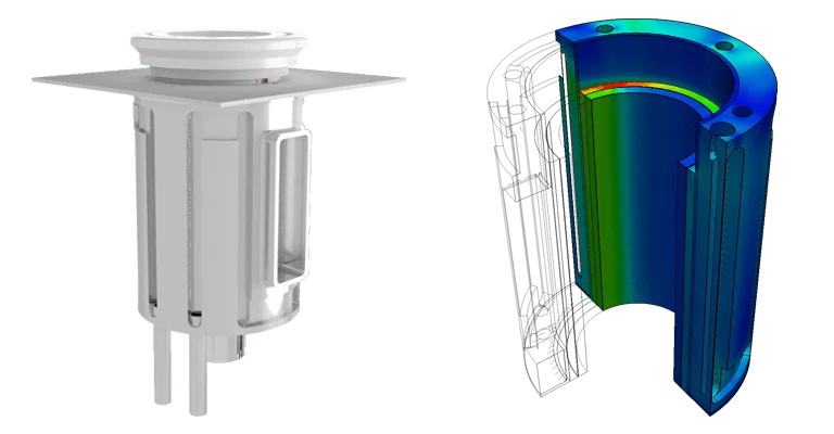 CAD Design of the FlexyCUBE Reactor (Left) and Heat Flux Field Inside the Device (Right)