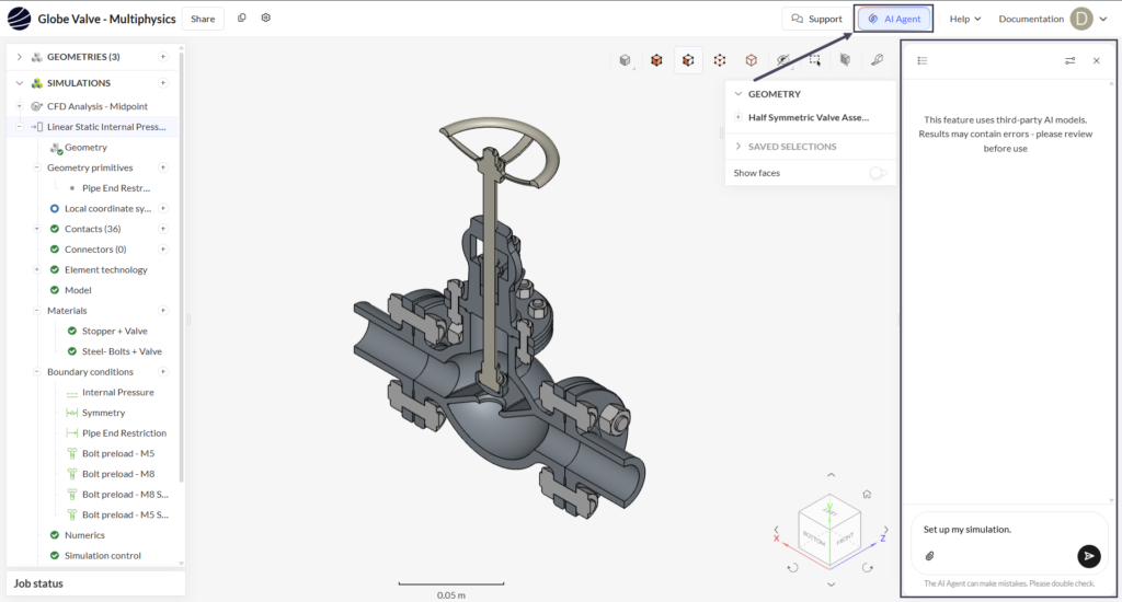 Screenshot of the SimScale Workbench showing the AI Agent button in the top toolbar and the open chat panel with a prompt input field