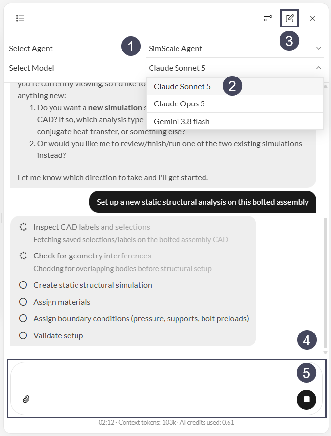 Screenshot of the SimScale AI Agent chat panel with five numbered callouts: Select Agent dropdown, Select Model dropdown showing, the chat thread, and the message field.