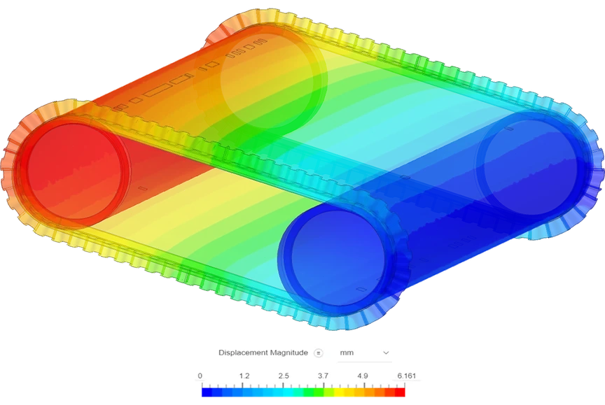 Displacement magnitude shown on the simulated conveyor belt in SimScale
