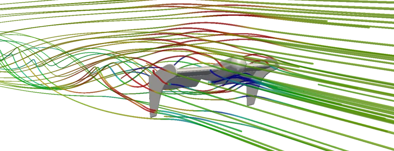 CFD simulation of drone design, flow stream tracers, side view