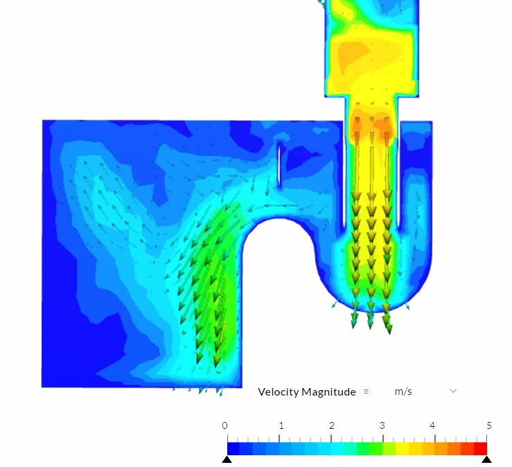 simulation results of a downpipe carrying feed into the collection box