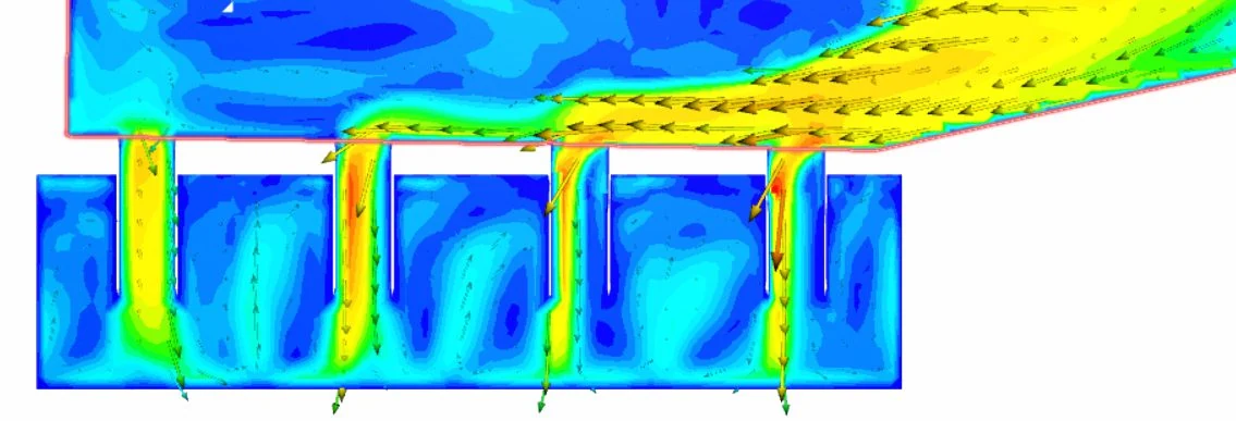 simulation results of the feed entering four downpipes into the collection box