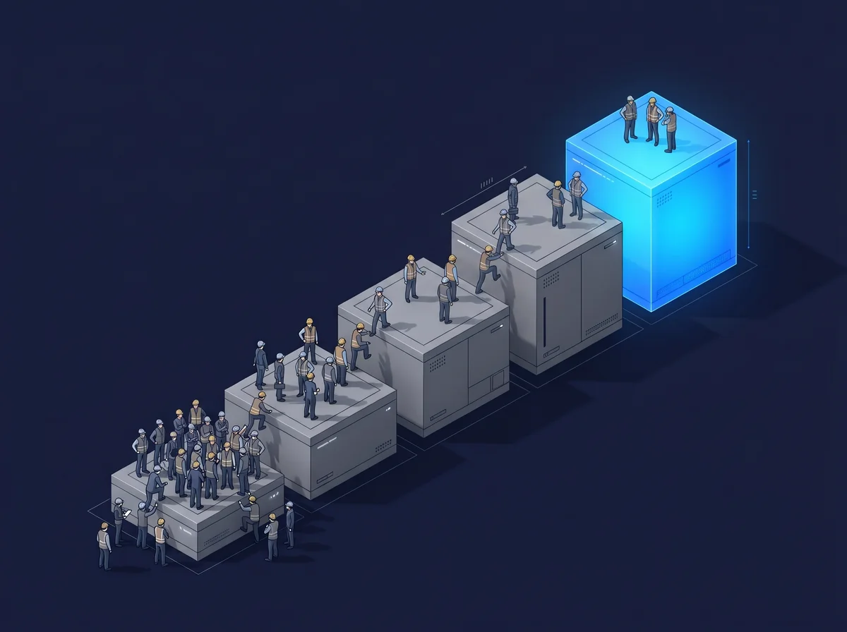 Isometric illustration of engineers crowding the lower of five ascending platforms, with only a few reaching the glowing blue top platform: the AI pilot gap