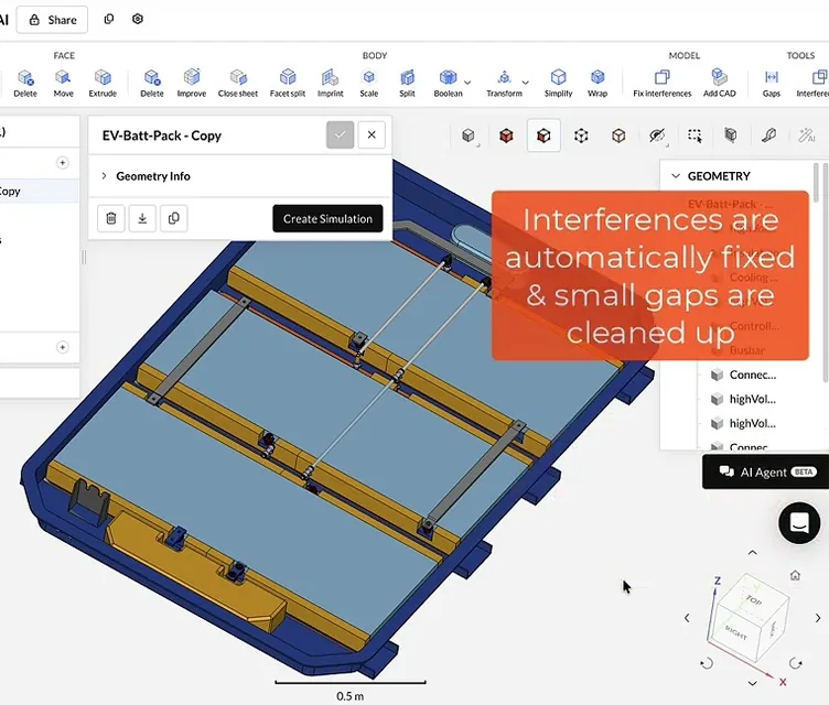 SimScale AI agent preparing an EV battery pack CAD model for simulation